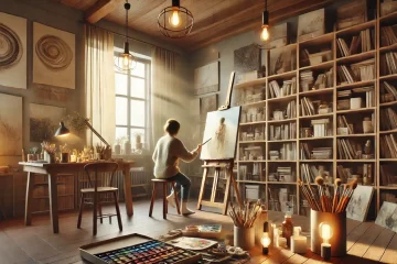 A cozy study room with a person engaged in a creative hobby. 