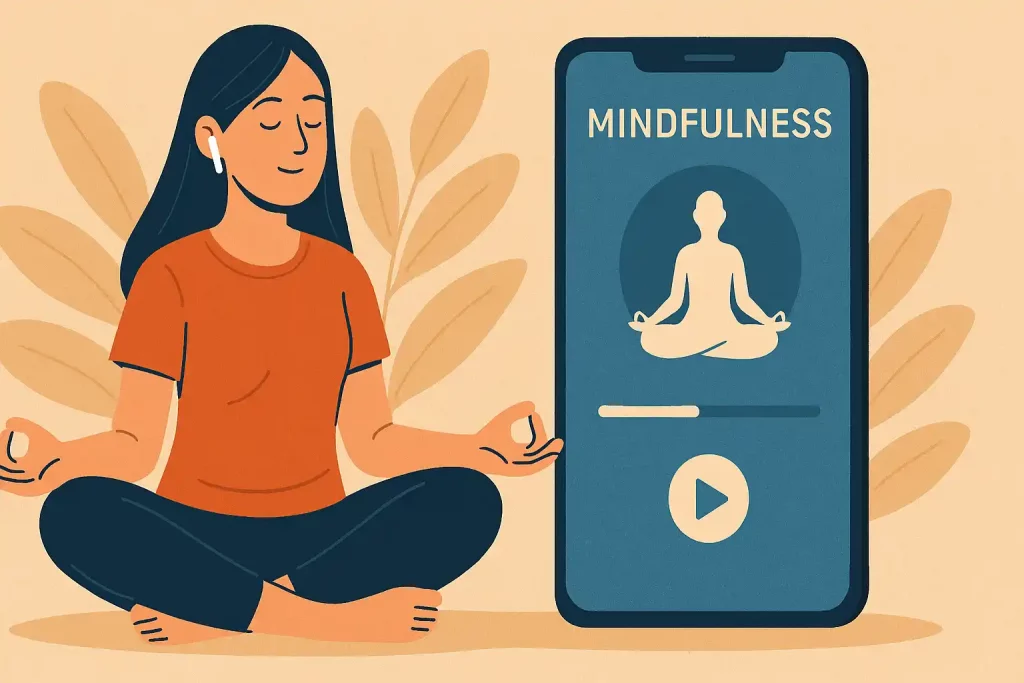 A woman practices meditation via a special app on her smartphone while wearing headphones.