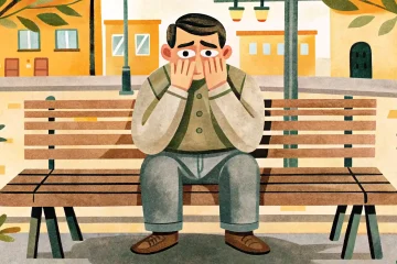 a man sits on a bench in the street and covers his eyes with his hands