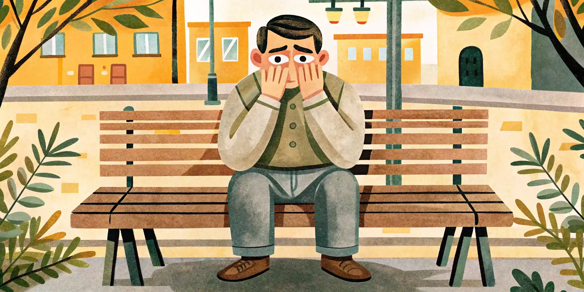 a man sits on a bench in the street and covers his eyes with his hands
