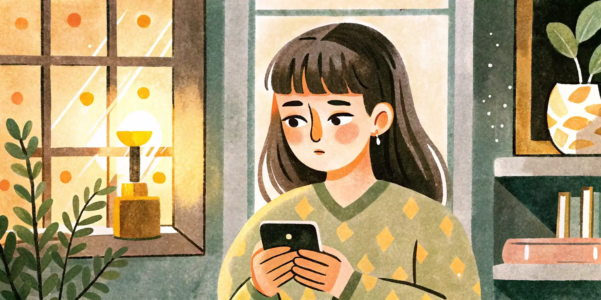 a young woman uses a phone in a dark room