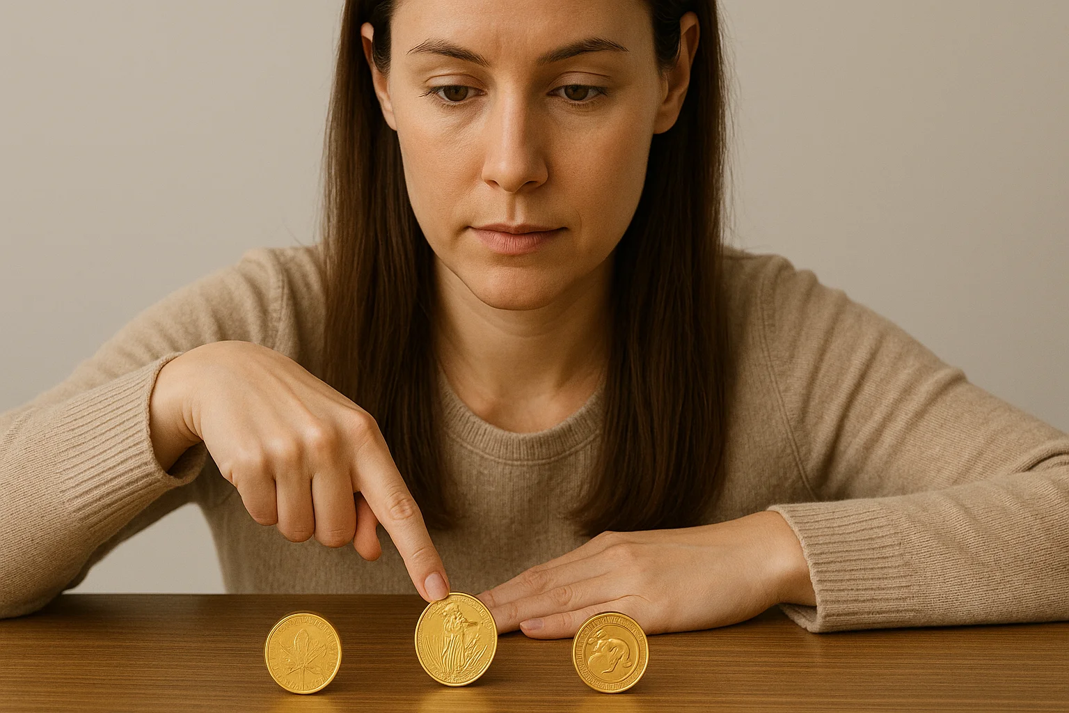  A points to one of the coins as the “more liquid” option. Her face is focused and calm.