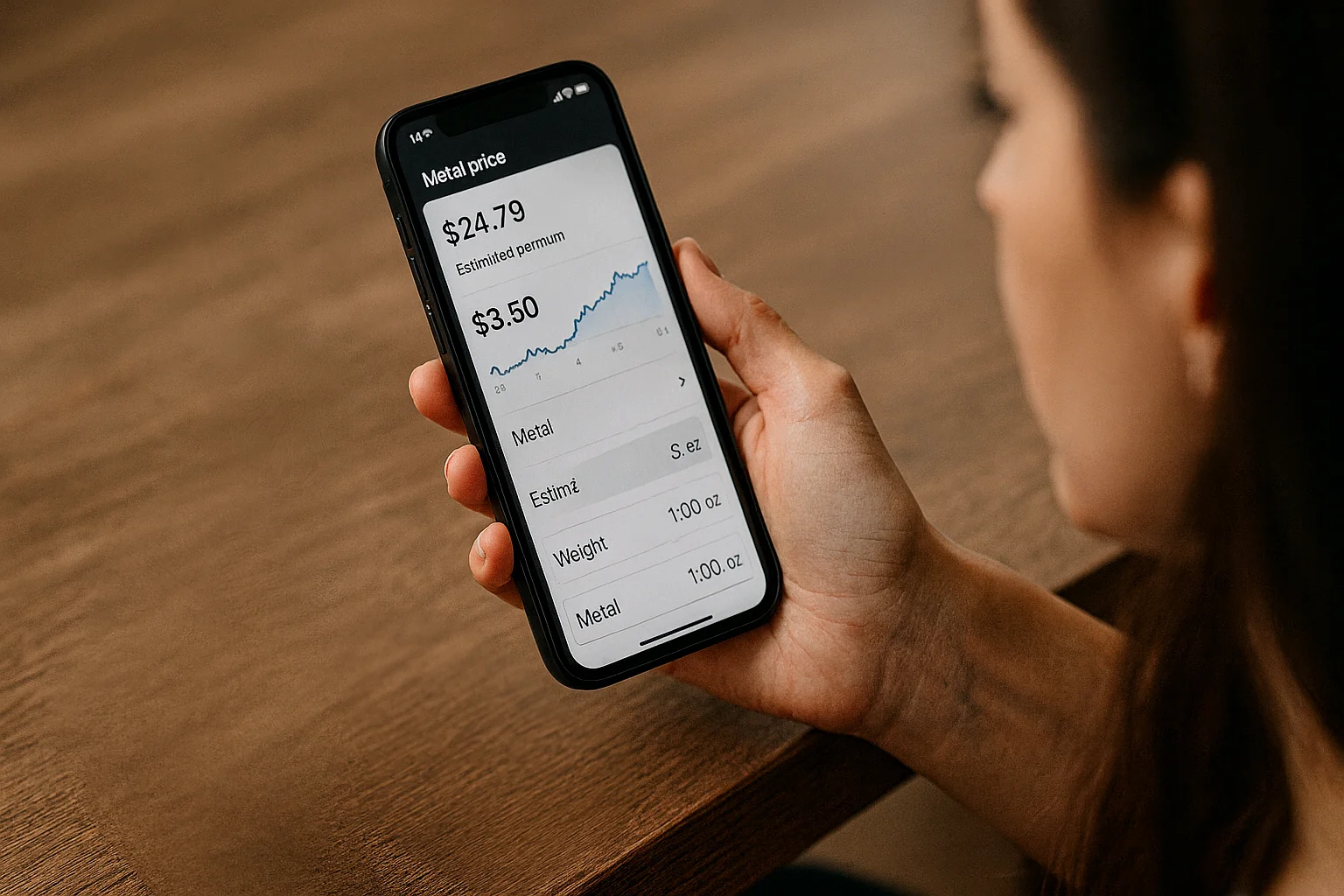 A woman checks live metal prices and current premiums in a mobile app while evaluating the price of a silver bullion coin she is going to buy.
