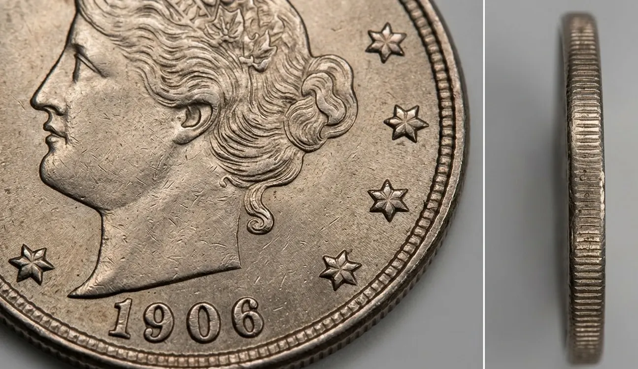 Close-up of a 1906 Nickel focusing on fine relief and edge detail